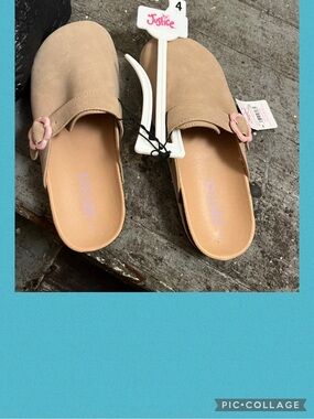 Justice Tan Slip-On Clogs with Pink Flower Buckles